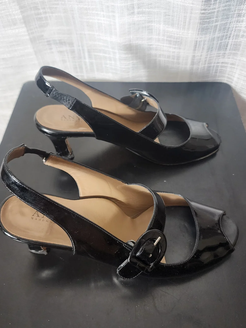 Anyi Lu Black Patent Slingback Peep-Toe Heels